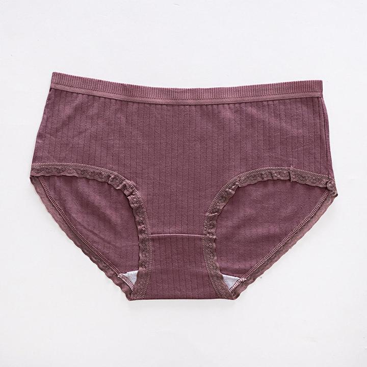 Girls Daily Panties, Cotton Solid Color Elastic Breathable Middle Waist Briefs with Lace Trimming fo