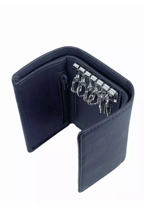 Black Trifold Wallet Featuring Key Holder made with Genuine Leather