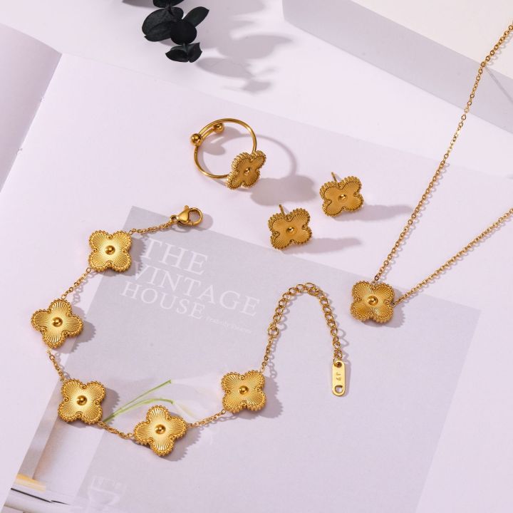 2023%20Fashion%20Designer%20Brand%20Luxury%20Stainless%20Steel%20Bracelet%2018k%20Gold%20Plated%20Four%20Leaf%20Clover%20Necklace%20Set%20For%20Women%20-%20Image%204