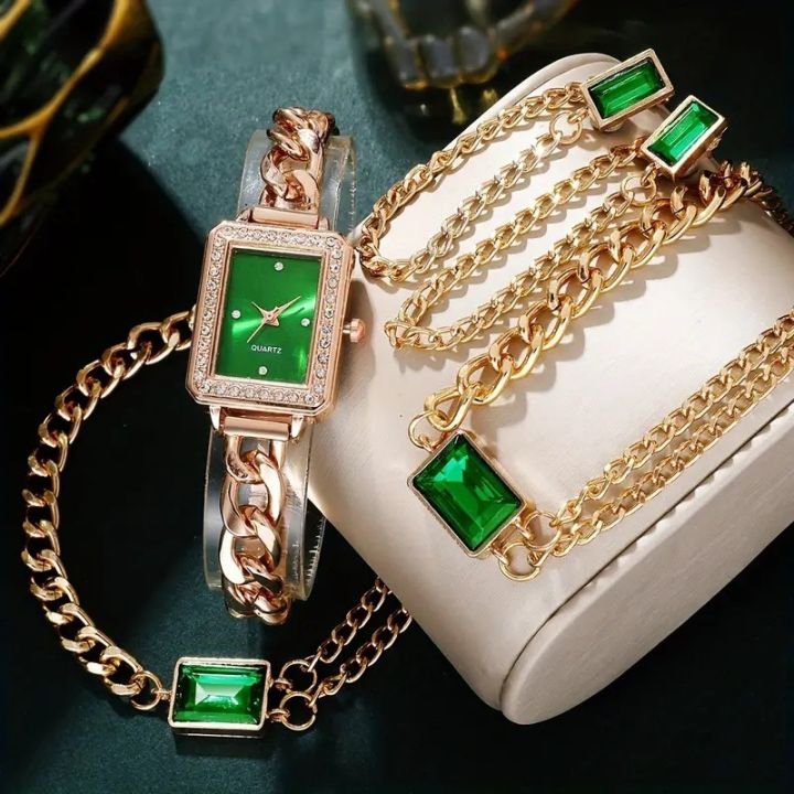 Complete Your Look with This 5-Piece Fashion Set: Women's Square Dial Watch with Matching Emerald Accessories