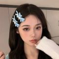 Japanese Korean Style Y2K Sweet Fabric Blue Double Bowknot Ribbon Love Heart Duckbill Hairpins Women Girls Kawaii Side Bangs Barrettes Hair Clips Hair Accessories.
