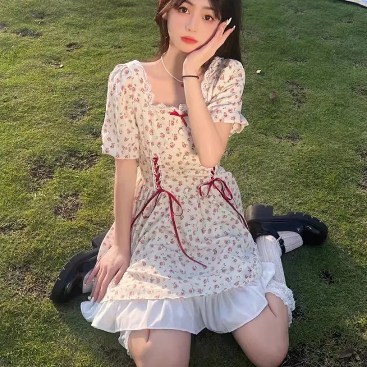 Floral%20Mini%20Dress%20Women%20Puff%20Sleeve%20Flare%20Shirring%20Design%20French%20Style%20Elegant%20-%20Image%206