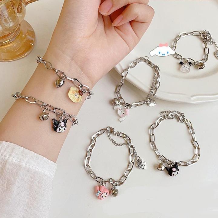 Cute Cartoon Sanrio Bell Bracelet for Women Cinnamoroll Kuromi My Melody Pochacco Adjustable Alloy Anime Gift for Girlfriend Student Birthday