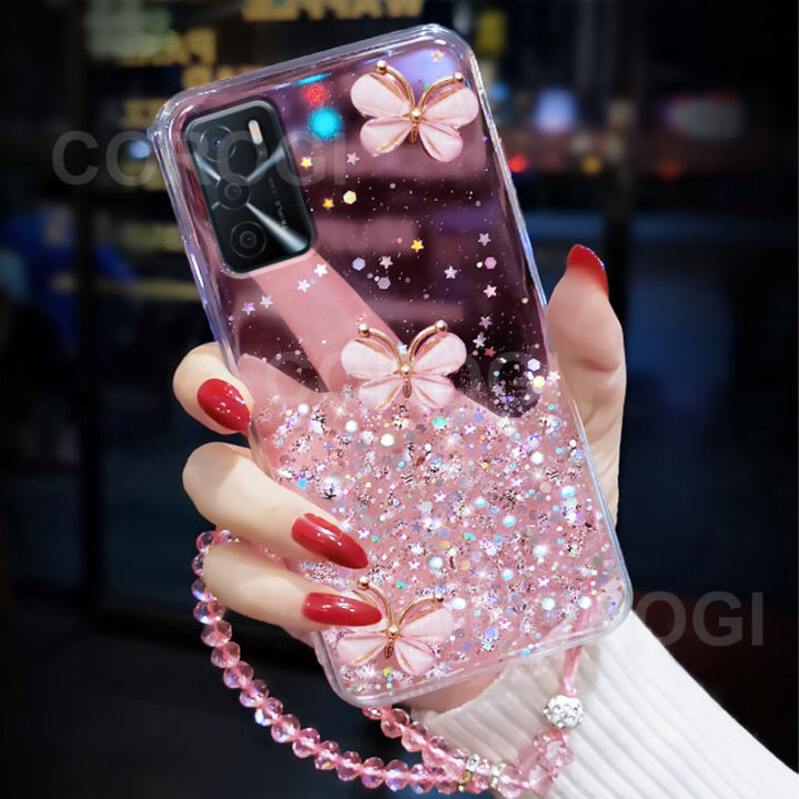 For OPPO A16 / OPPO A54 Cover + Crystal Wrist Strap Fashion 3D Rhinestone Butterfly Shiny Glitter Girls Phone Case Clear Soft Silicone Bumper Shockproof Protective Back Cover