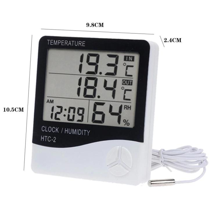HTC 2 Digital LCD Temperature Meter Humidity Thermometer Hygrometer Home Weather Station Indoor Outdoor Probe Sensor with Alarm Clock HTC-2