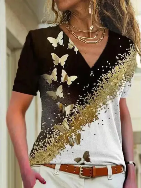 2023%20New%20Summer%20New%20Women%20T%20Shirt%203d%20Flower%20Print%20V-neck%20Short%20Sleeve%20Blouse%20Fashion%20Plus%20Size%20T-shirts%20For%20Women%20Clothing%20Y2k%20-%20Image%204