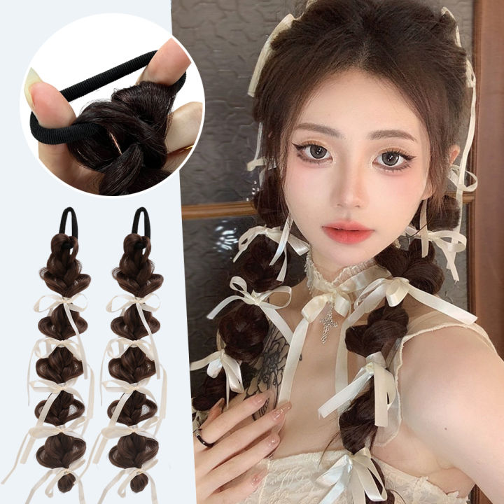 1/2Pcs Double Ponytail Wig Braid with Ribbon Women's Silk Bubble Braid Fried Dough Twists Braid Long Hair Braid