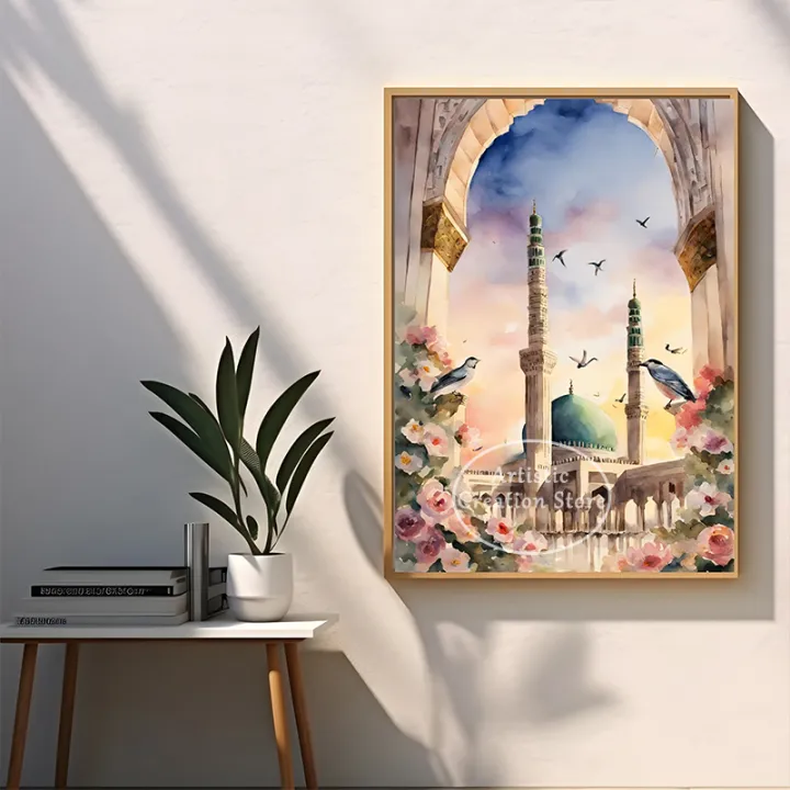 Masjid%20Nabawi%20Islamic%20Art%20Poster%20Watercolor%20Art%20Wall%20Canvas%20Painting%20Muslim%20Prints%20Living%20Room%20Mecca%20Art%20Picture%20Home%20Decor%20-%20Image%204