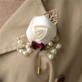 Boutonniere Lapel Pins Wedding Corsage Suit Buttonhole Silk Roses Gold Leaves Men Women Brooch Flowers Mariage Accessories. 