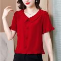 Summer New Peter Pan Collar Fashion Trendy Small Shirt Shirt Temperament Waist-Controlled Short-Sleeved Shirt Women's Chiffon Shirt Fashion.