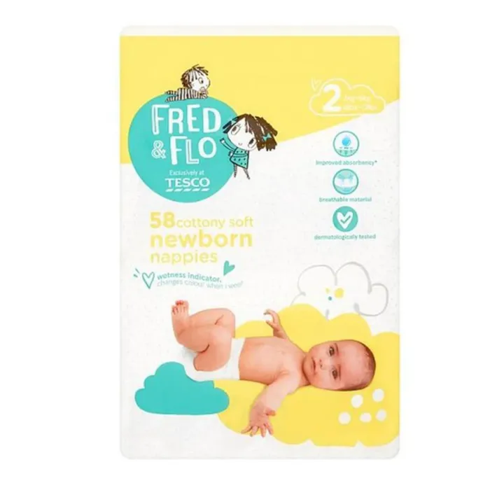 Tesco Fred & Flo Size 2 Newborn Nappies (58 Pcs) 3-6kg, Made in UK