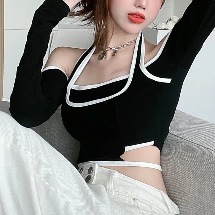 Jumperjuser-Female%20Crop%20Tops,%20Off%20Shoulder%20Long%20Sleeve%20Fake%20Two%20Pieces%20T-Shirt%20Blouse%20for%20Spring%20Summer,%20Gray/Black%20-%20Image%206