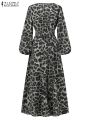Printed Robe Dress Party Ve Fashion Maxi Dress Vintage Women's Long Sleeve Leopard Print Dress ZANZEA Fall Slip Dress stidos Women's V-Neck. 