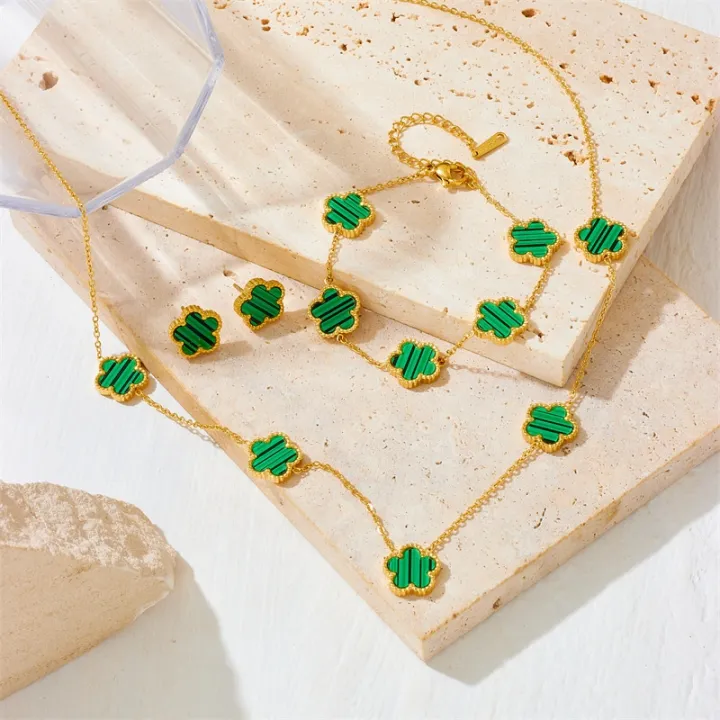 New%20Fashion%203Pcs/Set%20Non%20Tarnish%2018K%20Gold%20Plated%20Stainless%20Steel%20Clover%20Earrings%20Bracelet%20Necklace%20Jewelry%20Set%20For%20Women%20-%20Image%204