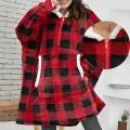 Winter Sherpa Oversized Hoodie Women Men Checkered Sweatshirt Fleece Hooded Blanket With Sleeves Pocket Wearable Blanket. 