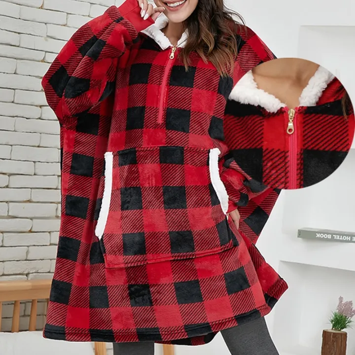 Winter%20Sherpa%20Oversized%20Hoodie%20Women%20Men%20Checkered%20Sweatshirt%20Fleece%20Hooded%20Blanket%20With%20Sleeves%20Pocket%20Wearable%20Blanket%20-%20Image%204