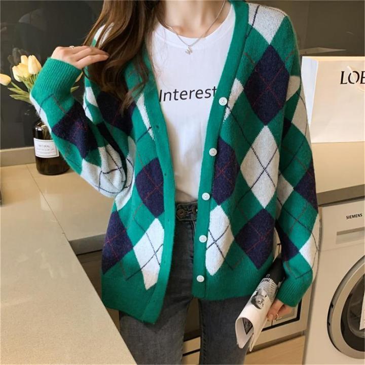 2021%20Early%20Autumn%20New%20Color-Blocking%20Diamond-Shaped%20Top%20V%20Collar%20Sweater%20Loose%20Knitted%20Winter%20Coat%20Women's%20Cardigan%20-%20Image%207