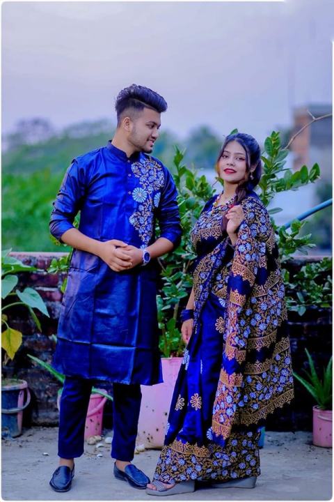 New Item Block Print Exclusive Designer Dhupiyan Saree And Dhupiyan Panjabi For Combo Couple Dress - Sharee For Women