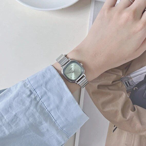 Women Small Square Quartz Watch Fashion Green Dial Stainless Steel Strap Wristwatch