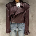 Biker Burgundy Leather Jacket Women Short Autumn Jacket Leather Fashion Shoulder Pad Jacket. 