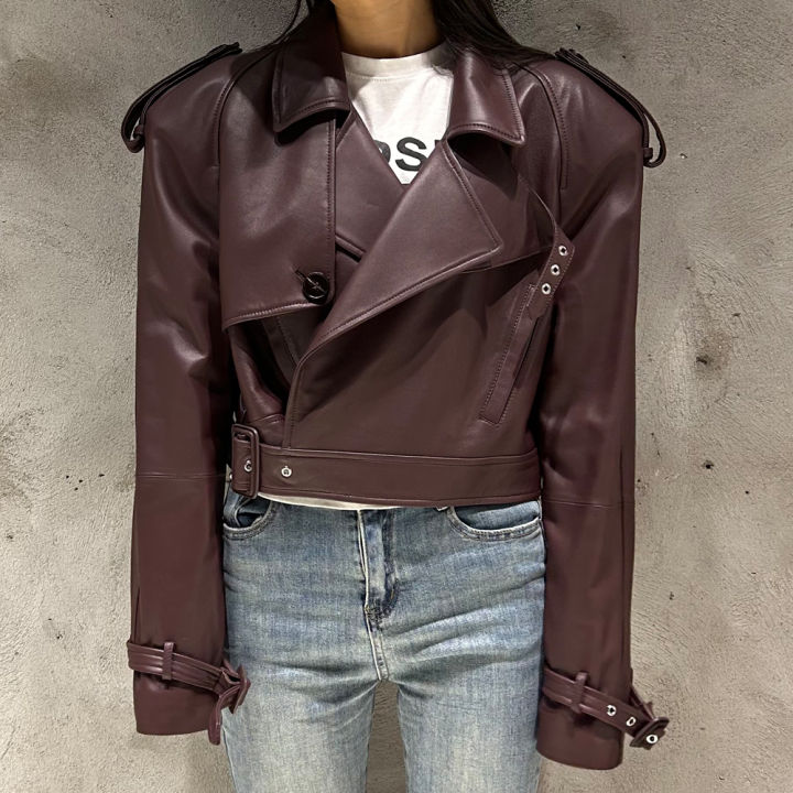 Biker Burgundy Leather Jacket Women Short Autumn Jacket Leather Fashion Shoulder Pad Jacket
