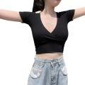 Women Crop Tops, V-Neck Solid Color Short Sleeve Slim-Fit Casual Outwear Streetwear.
