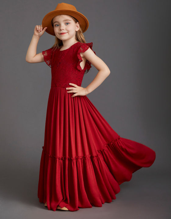 GC%20Girls%20Short%20Sleeve%20Lace%20Applique%20Dresses%20Casual%20Zipper%20Solid%20Color%20Long%20Skirts%20Summer%20Maxi%20Dress%20For%20Ceremony%20-%20Image%206