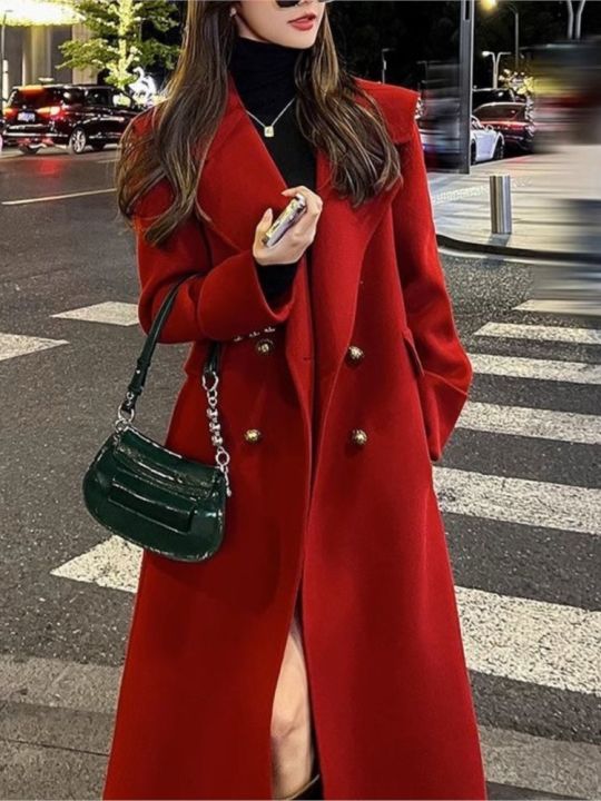 Women's 2024 Spring New High-end Christmas Red Loose Long Coat Windbreaker Thick Warm Lace-up Coat Outwear Female Fashion Jacket