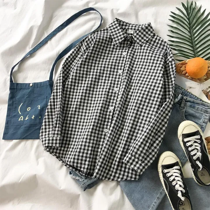 Black%20and%20White%20Plaid%20Shirt%20Female%20Spring%20and%20Autumn%20Fashion%20Thin%20Student%20Loose%20Long%20Sleeve%20Hong%20Kong%20Style%20Retro%20Design%20Sense%20All-Matching%20Shirt%20-%20Image%207