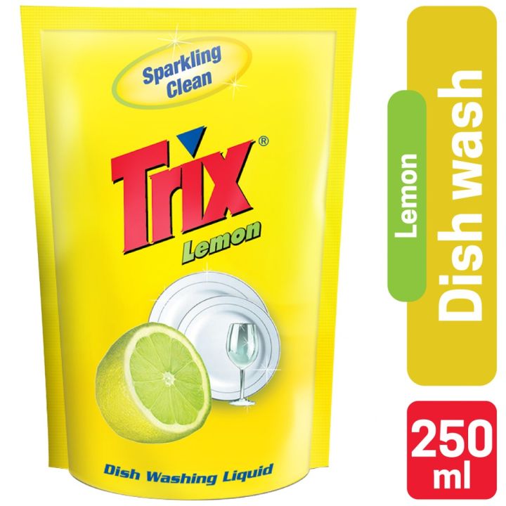 Trix Dishwashing Liquid 250ml Refill Lemon Fragrance for Scratch-Free Sparkling Clean Dishes, removes grease stains with power-rich thick foam