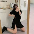 Plus Size Dress Women Solid Slim Trendy Spring Simple Korean Style Elegant Casual Soft Side-slit Ladies Fashion All-match Party. 