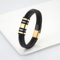 Cross-border European and American casual style simple 316L stainless steel black wide leather rope men's bracelet jewelry. 