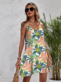 2023 Summer Tropical Floral Print Women Dresses V-Neck Spaghetti Strap Mini Dress Hawaiian Party Beach Sleeveless Sundress.