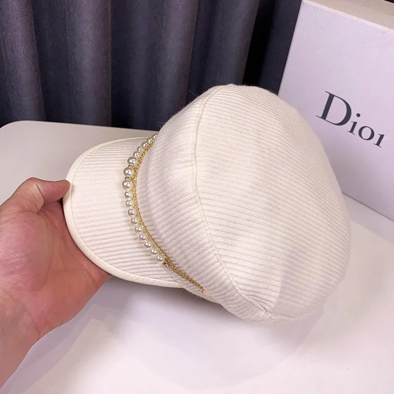 Autumn Winter Pearl Chain Flat Top Navy Hat Fashion Beret Newsboy