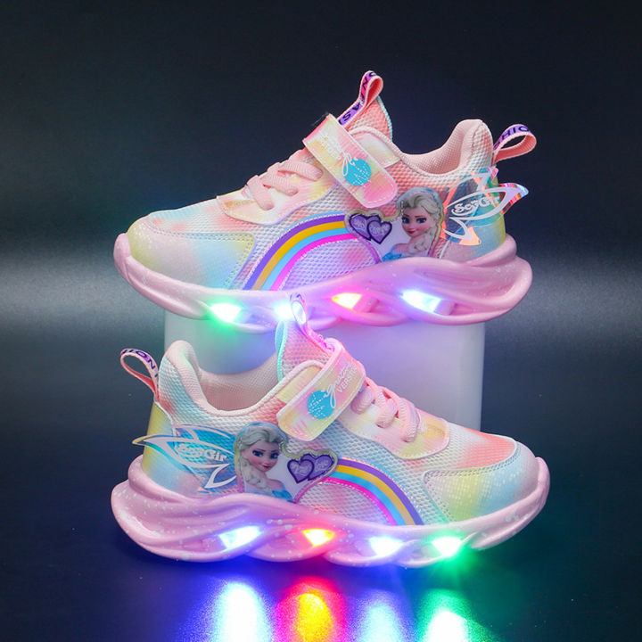 Girls' with lights 2024 Spring and Autumn New mesh breathable children's sports versatile girl princess shoes