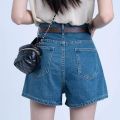 Women's Korean-Style Retro Denim Shorts2023Summer New High Waist Front PocketaWord Slimming and Wide Leg Hot Pants.