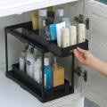 2 Tier Under Sink Organizer Sliding Cabinet Basket Organizer Storage Rack Hooks Hanging Cup Bathroom Kitchen Organizer.