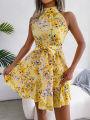 Summer Women Floral Print Short Dress, Bandage Holiday Beach Sundress Casual Halter Short Dresses,Summer Clothes Women 2024 Shapewear. 