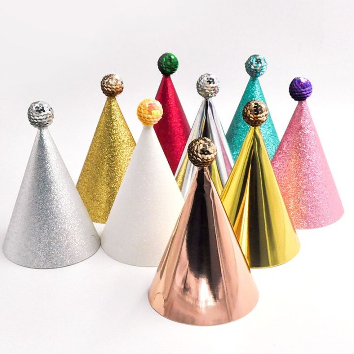 Cute Baby Birthday Party Cap Boys Girls Priness Paper Cone Hats with Pom Poms Caps Hat Glitter Birthday Headband Shower