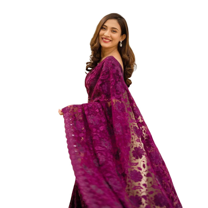 Indian Weightless Georgette Saree Black Color High Quality Embroidery Work On Blouse - A Touch of Opulence and Grace - Sari