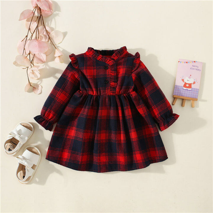 (NEW)Spring and Autumn New Long Sleeve Girl Baby Dress Academy Style Pure Cotton Plaid Waist Wrapped Princess Dress Suitable for 0-3 Year Old Babies