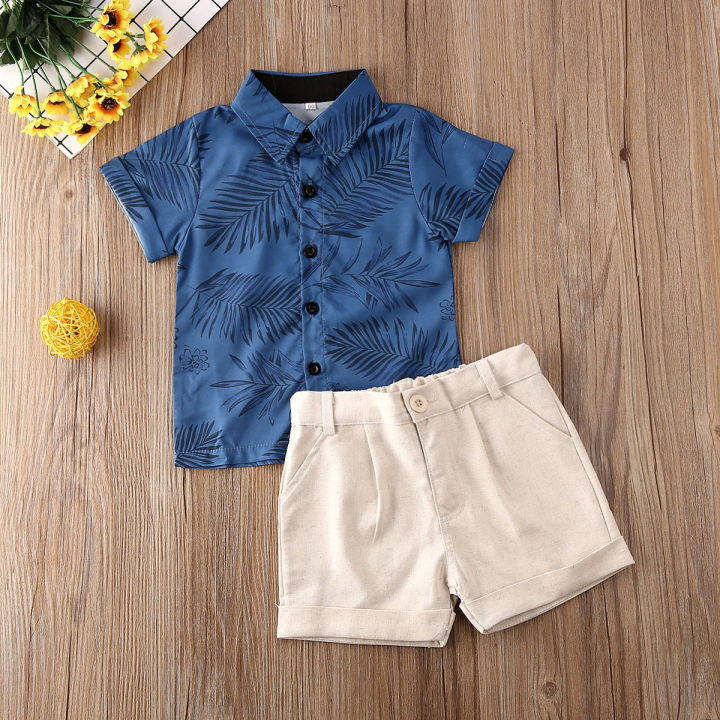 Baby Boys Summer Clothes Set Short Sleeve Lapel Leaves Print Button Shirt+Solid Color Shorts Kids 2Pcs Casual Outfits