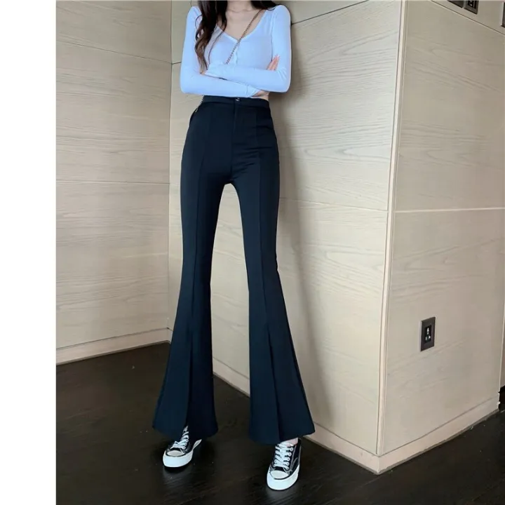 Quarter%20Women's%20Elastic%20Waist%20Solid%20Flare%20Pants%20Stretchy%20Bell%20Bottom%20Black%20Split%20Suit%20Trousers%20Clothing%20BQ%20-%20Image%205