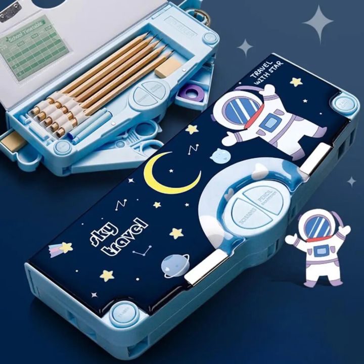 Stationery Holder Pencil Sharpener Pen Case Press Type Creative Astronaut Pattern 2 Tier Multifunctional Stationery Box Tidy