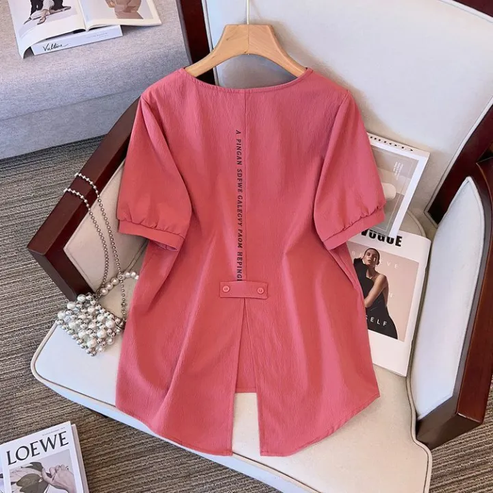Split%20Short%20Sleeve%20T%20T-shirt%20Women's%20Summer%20New%20Korean%20Style%20Loose%20Slimming%20Large%20Size%20V%20Collar%20Top%20Female%20Fashion%20-%20Image%204