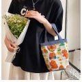 Cute Cartoon Bucket Bag Printed Portable Canvas Bag Student White Collar Office Worker Bento Snack Bag. 