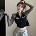 Y2K Vintage T-shirt Women Spring O Neck Long Sleeve Crop Top Korean Fashion Vintage High Street Zip Up Skinny Tees Streetwear. 
