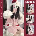 Coral velvet pajamas women's autumn and winter cute plush padded bathrobe robe robe long flannel loungewear set. 