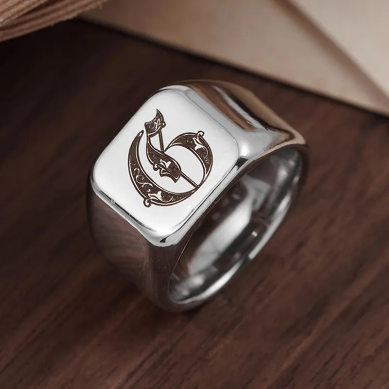 Retro Initials Signet Ring for Men Punk A-Z Letter Stainless Steel