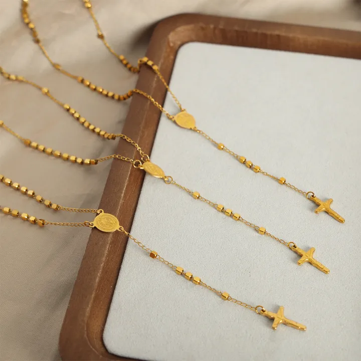 Carline%20Hot%20Sales%20Stainless%20Steel%20Necklace%20Cross%20Charm%20Pendant%20Necklace%2018K%20Gold%20Plated%20Bead%20Necklace%20for%20Women%20Jewelry%20-%20Image%206